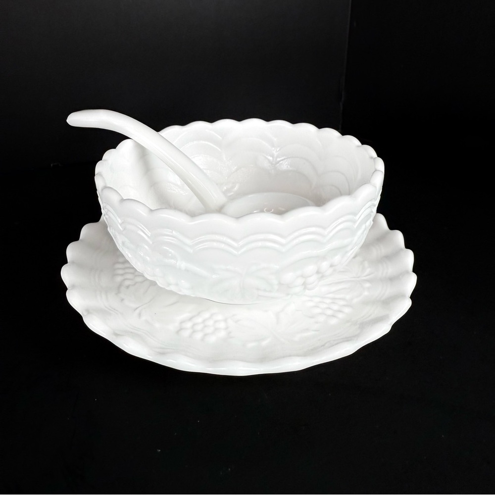 Matte IMPERIAL MILK GLASS 3 Piece Condiment Set with Scalloped Edge & Embossed